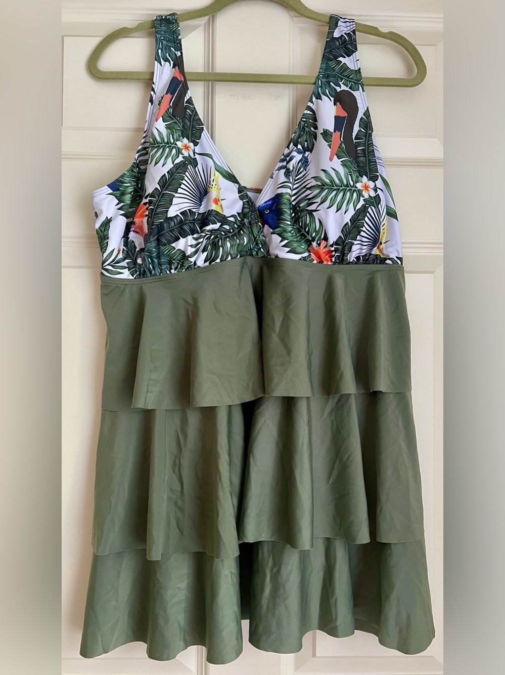 Tropical Print Ruffle Swim Dress in Olive Green (top only) 3X(fits like 1x)